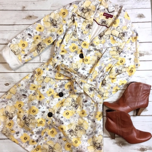 Merona Jackets & Blazers - Yellow and Grey Floral Print Belted Cotton Coat